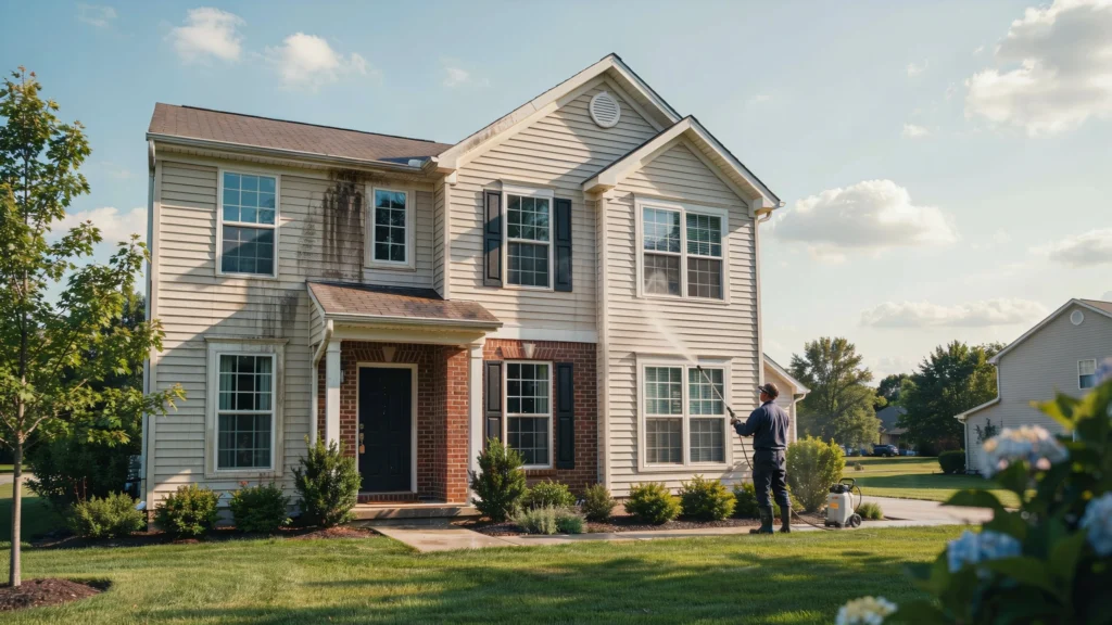 How to Prepare for House Washing - professional technician pressure washing mold and algae stains off vinyl siding