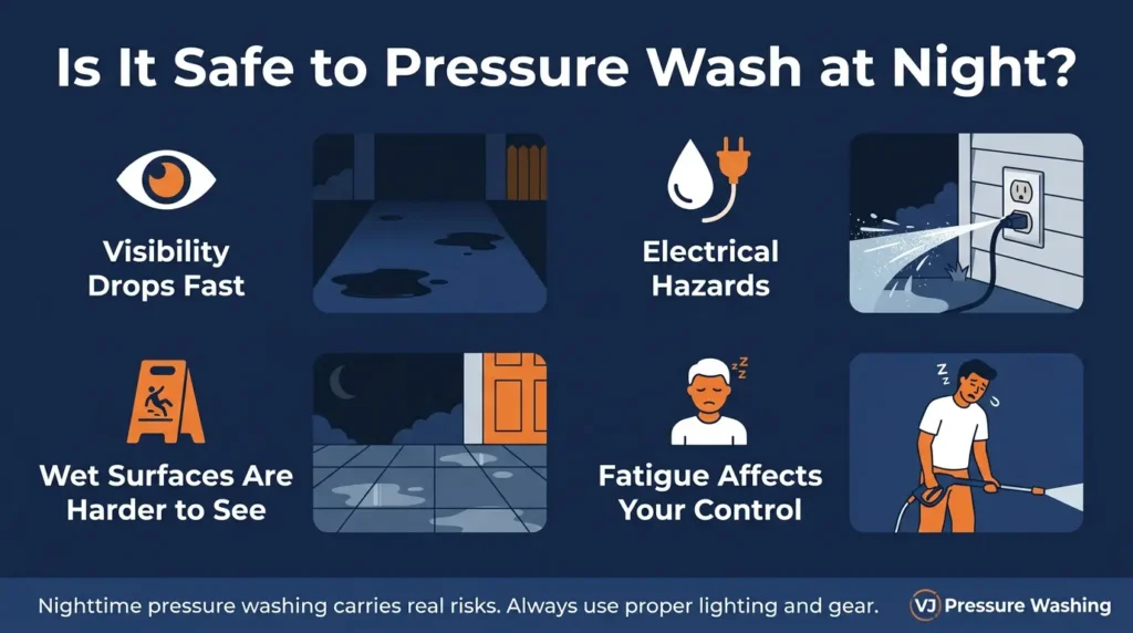 Is it safe to pressure wash at night infographic showing four risks: visibility drops fast, electrical hazards, wet surfaces harder to see, and fatigue affects control