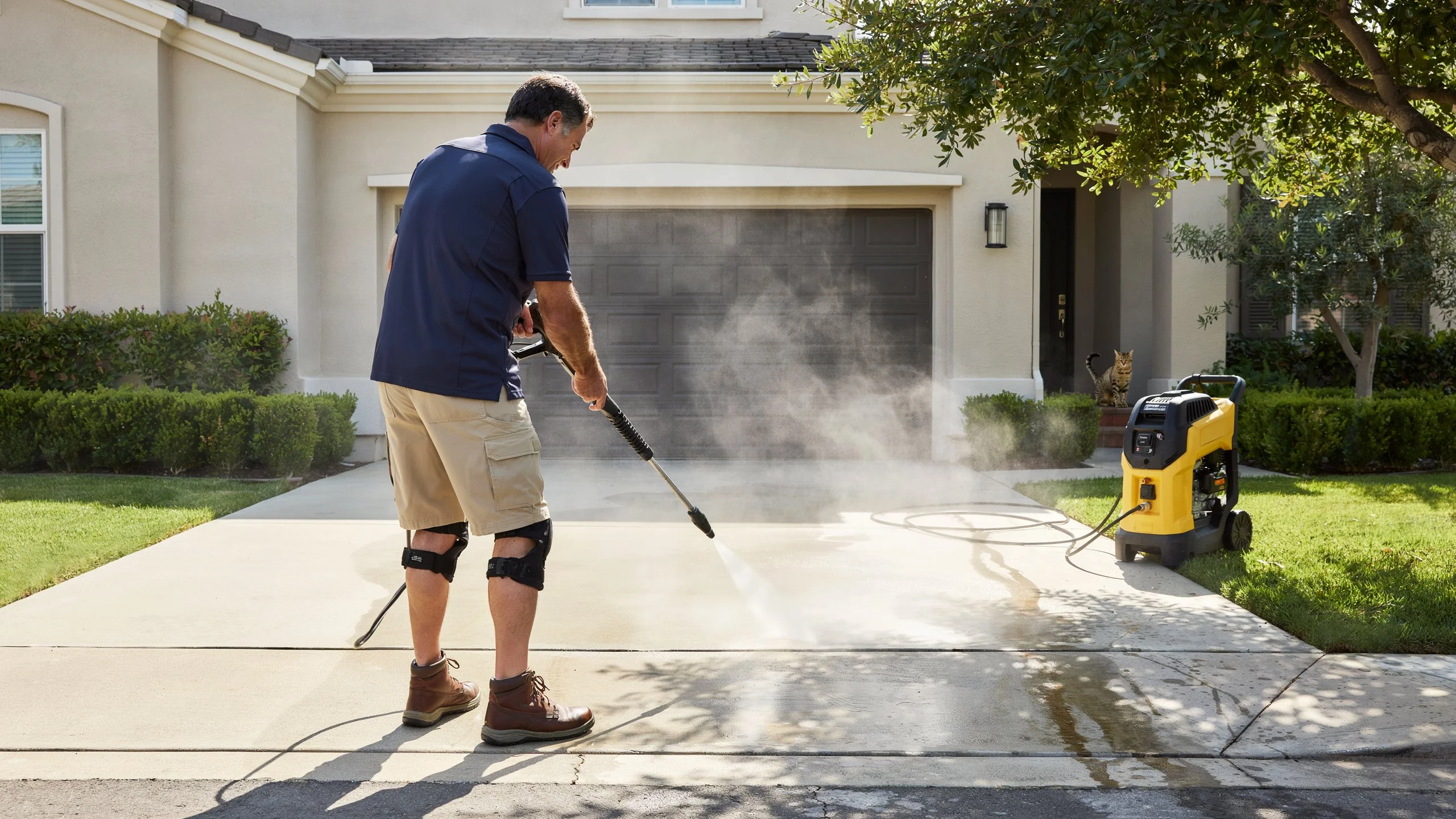 Man power washing a concrete driveway in front of a suburban home using a yellow pressure washer machine