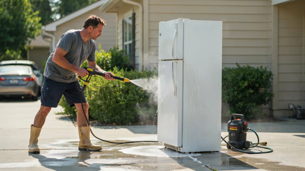 Man in rubber boots power washing a white refrigerator in a front yard with a Karcher pressure washer