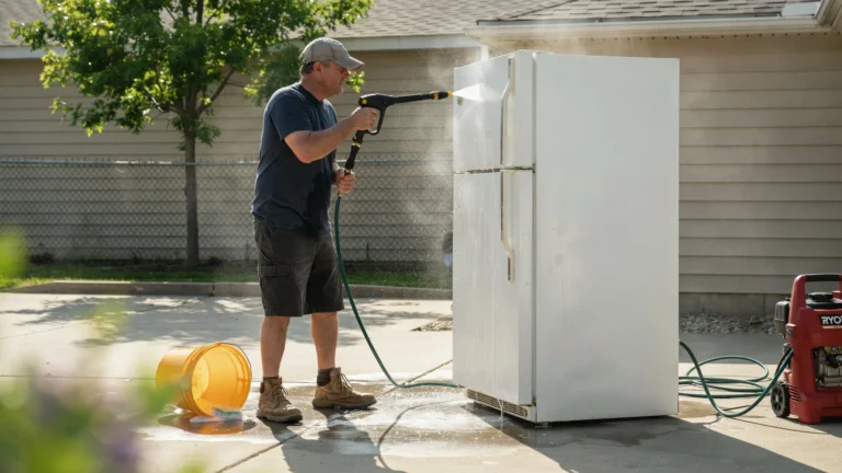 Man in cap and shorts power washing a white refrigerator outdoors on a driveway with a Ryobi pressure washer