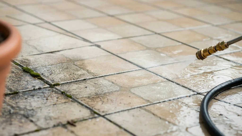 Can you pressure wash tile grout covered in green moss and black stains on a patio floor