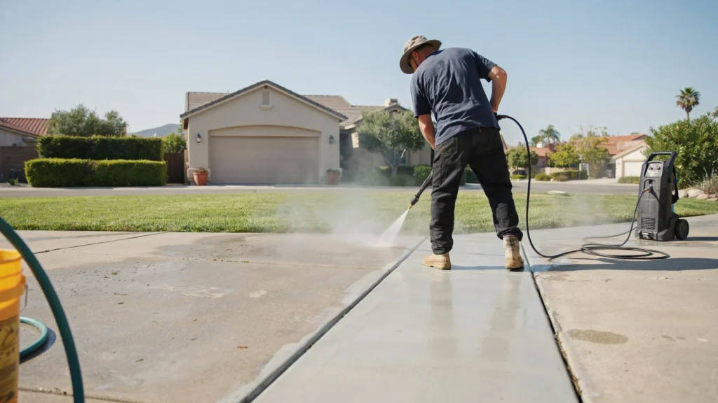 Man in a hat pressure washing a long concrete driveway in a residential neighborhood on a clear sunny day