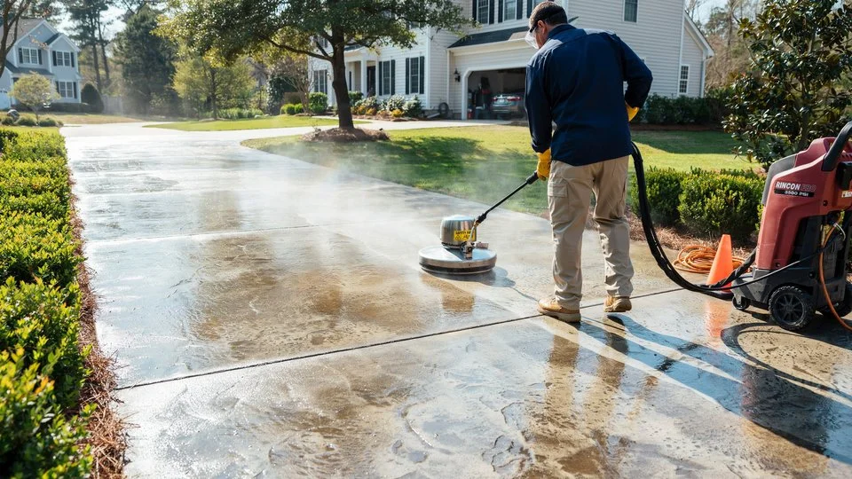 Professional technician in blue jacket and yellow gloves using a metal rotary surface cleaner on a stained concrete driveway with a red Rincon Pro pressure washer nearby