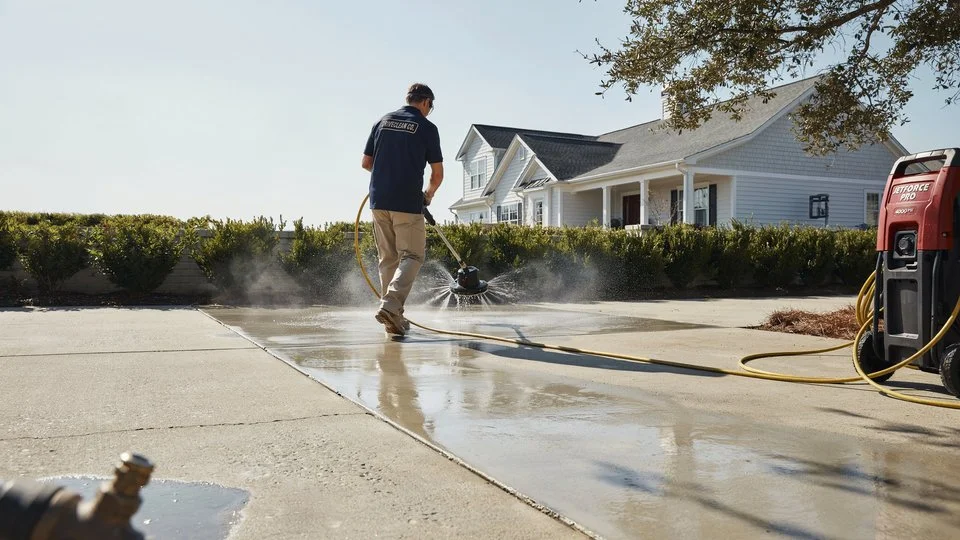 Professional cleaner in navy uniform using a rotary surface cleaner attached to a red JetForce Pro pressure washer on a wide concrete driveway