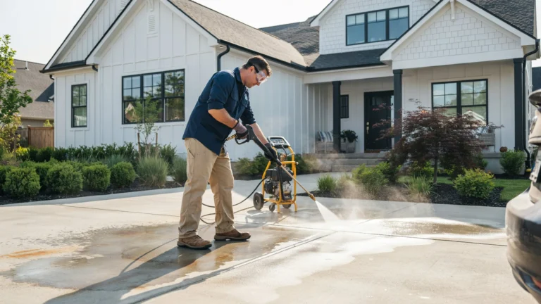 Professional technician pressure washing a residential concrete driveway in front of a modern home, removing dirt and surface stains with high-pressure water.