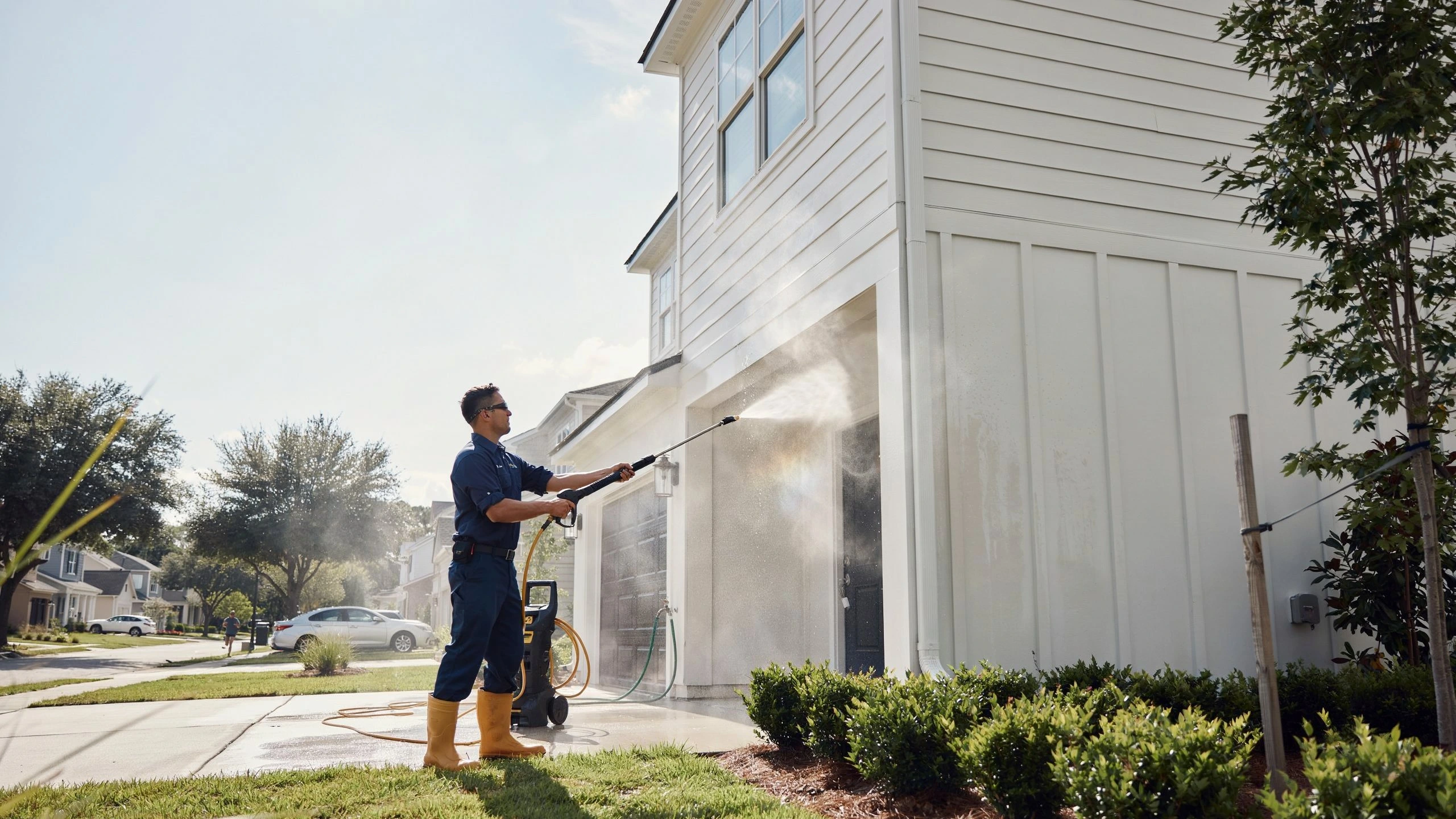 Professional technician pressure washing white vinyl siding of a two-story residential house on a sunny day.