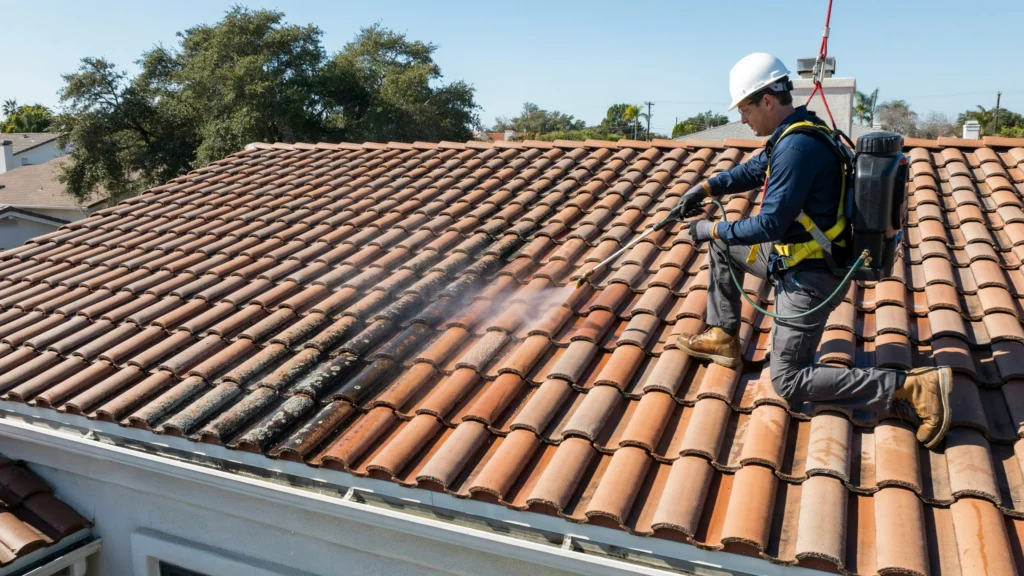 Professional technician performing roof tile cleaning with a soft wash system to remove moss, algae, and stains from a residential tile roof