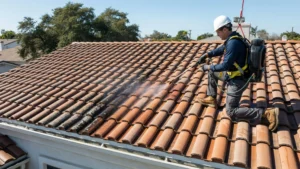 Professional technician performing roof tile cleaning with a soft wash system to remove moss, algae, and stains from a residential tile roof