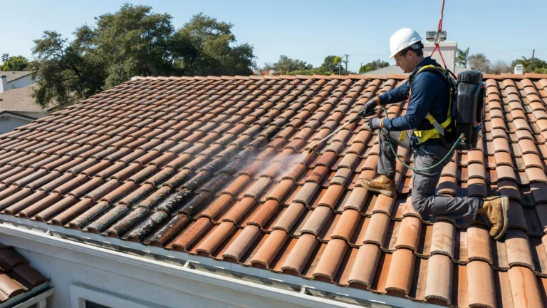 Professional technician performing roof tile cleaning with a soft wash system to remove moss, algae, and stains from a residential tile roof
