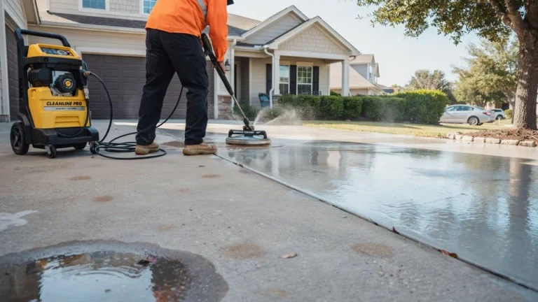 Professional technician in orange safety shirt using a surface cleaner attachment with a Cleanline Pro pressure washer to clean a residential concrete driveway