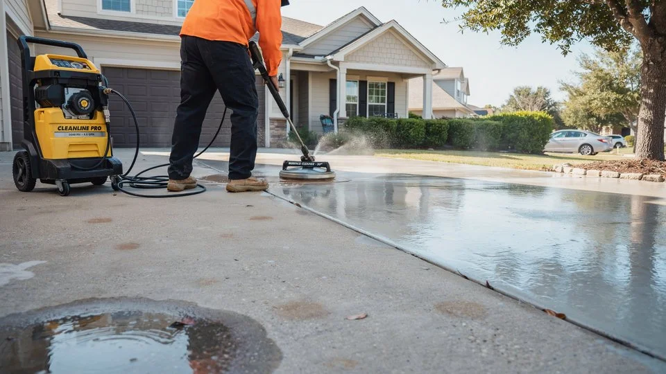 Professional technician in orange safety shirt using a surface cleaner attachment with a Cleanline Pro pressure washer to clean a residential concrete driveway