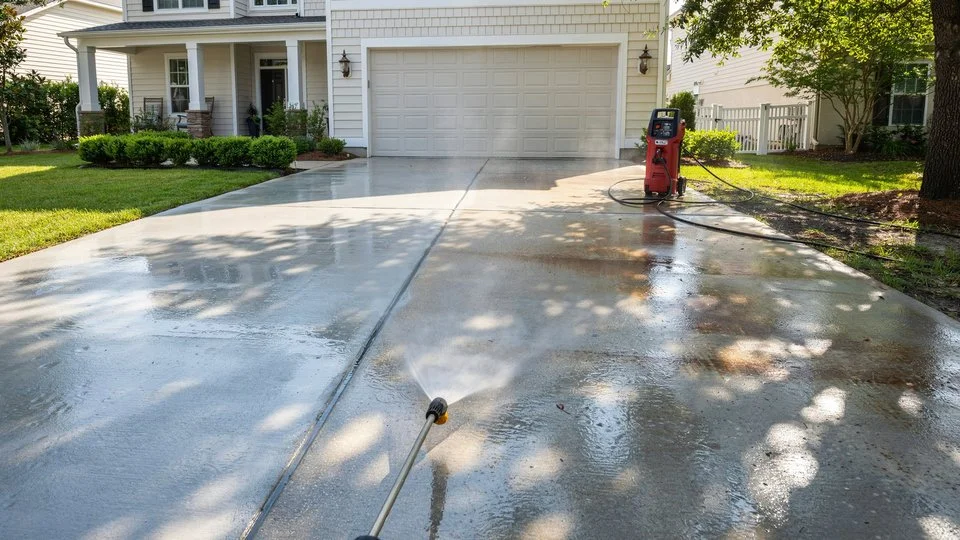Person using a red pressure washer with a surface cleaner attachment to wash a concrete driveway in front of a house with a two-car garage