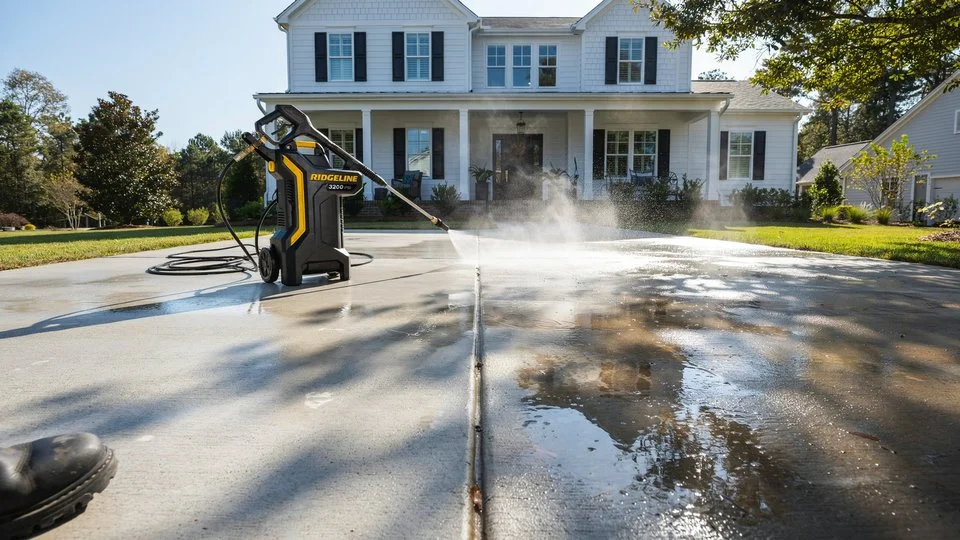 Ridgeline 3200 PSI pressure washer cleaning a concrete driveway in front of a white colonial-style home
