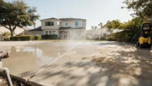 Ryobi electric pressure washer cleaning a wet concrete driveway in front of a two-story suburban home