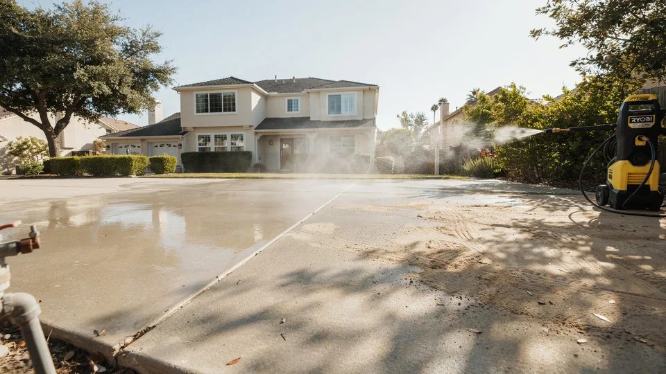 Ryobi electric pressure washer cleaning a wet concrete driveway in front of a two-story suburban home