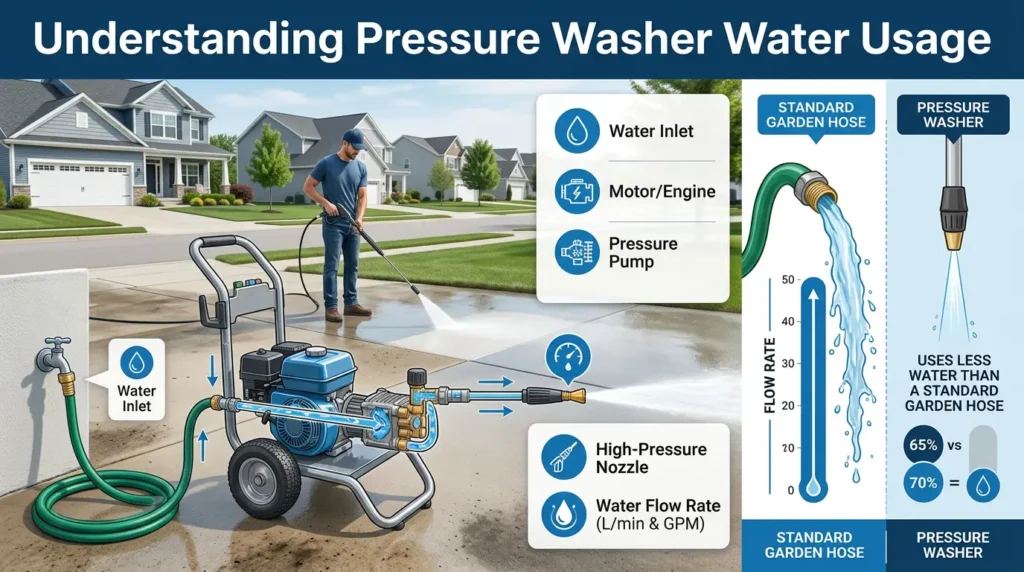 Infographic showing how a pressure washer uses water, including water inlet, motor, pressure pump, high-pressure nozzle, and comparison with a standard garden hose.
