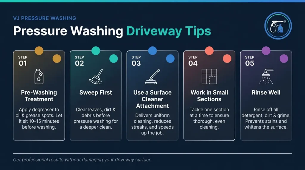 Infographic titled "Pressure Washing Driveway Tips" by VJ Pressure Washing. Five steps shown as numbered cards: Step 01 – Pre-Washing Treatment: apply degreaser to oil and grease spots, let sit 10–15 minutes before washing; Step 02 – Sweep First: clear leaves, dirt and debris before pressure washing for a deeper clean; Step 03 – Use a Surface Cleaner Attachment: delivers uniform cleaning, reduces streaks, and speeds up the job; Step 04 – Work in Small Sections: tackle one section at a time to ensure thorough, even cleaning; Step 05 – Rinse Well: rinse off all detergent, dirt and grime, prevents stains and whitens the surface. Footer reads: "Get professional results without damaging your driveway surface.