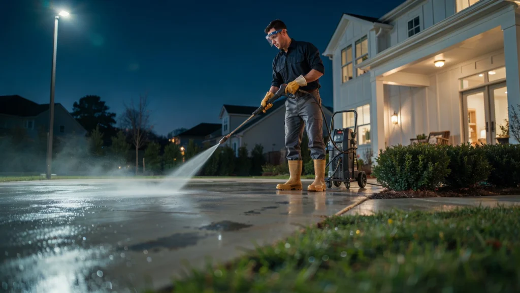 A pressure washing technician in safety goggles, yellow gloves, and rubber boots sprays a high-pressure water jet across a wet concrete driveway at night. A black pressure washer machine stands beside him. A modern white home with warm porch lighting is visible in the background under a deep blue night sky.