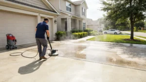 A pressure washing technician uses a surface cleaner attachment to clean a wide concrete driveway in front of a two-story suburban home. A red pressure washer machine sits to his left, steam rises from the wet concrete, and the surrounding lawn and hedges are lush and green.
