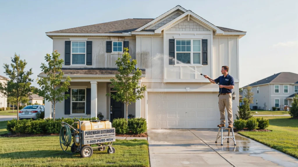 What Are the Advantages of Home Washing - professional technician pressure washing a two-story suburban home exterior