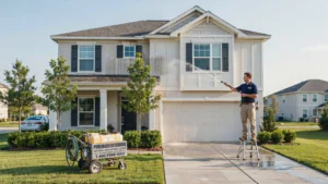 What Are the Advantages of Home Washing - professional technician pressure washing a two-story suburban home exterior