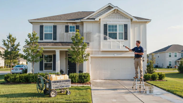 What Are the Advantages of Home Washing - professional technician pressure washing a two-story suburban home exterior