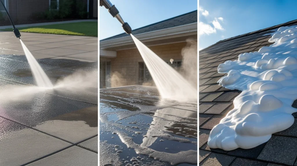 What are the three methods of washing a home exterior including pressure washing concrete power washing and soft washing roof shingles with foam
