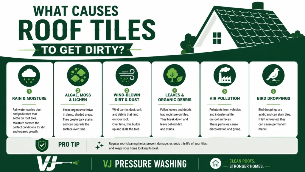 What causes roof tiles to get dirty infographic showing rain and moisture, algae and moss, wind-blown dirt, leaves, air pollution, and bird droppings on roof tiles