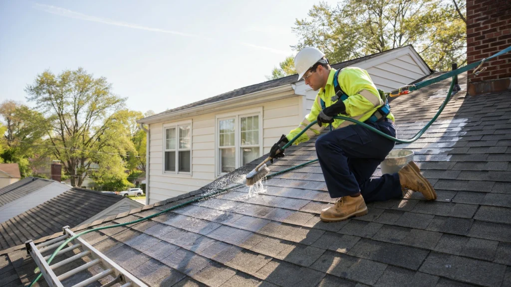 Professional worker cleaning a roof in the best time to clean a roof during a clear spring morning using a soft brush and garden hose on a suburban home with safety gear and harness
