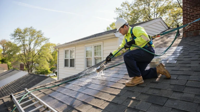 Professional worker cleaning a roof in the best time to clean a roof during a clear spring morning using a soft brush and garden hose on a suburban home with safety gear and harness