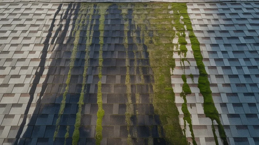 What Is the Black Stuff on My Roof showing black and green algae streaks on grey asphalt shingles