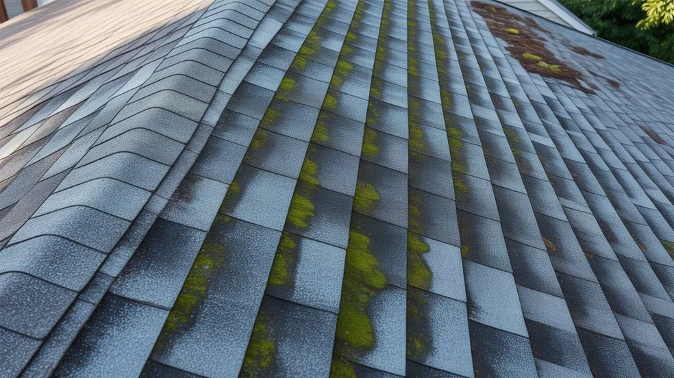 What Is the Black Stuff on My Roof green moss patches on dark grey roof shingles