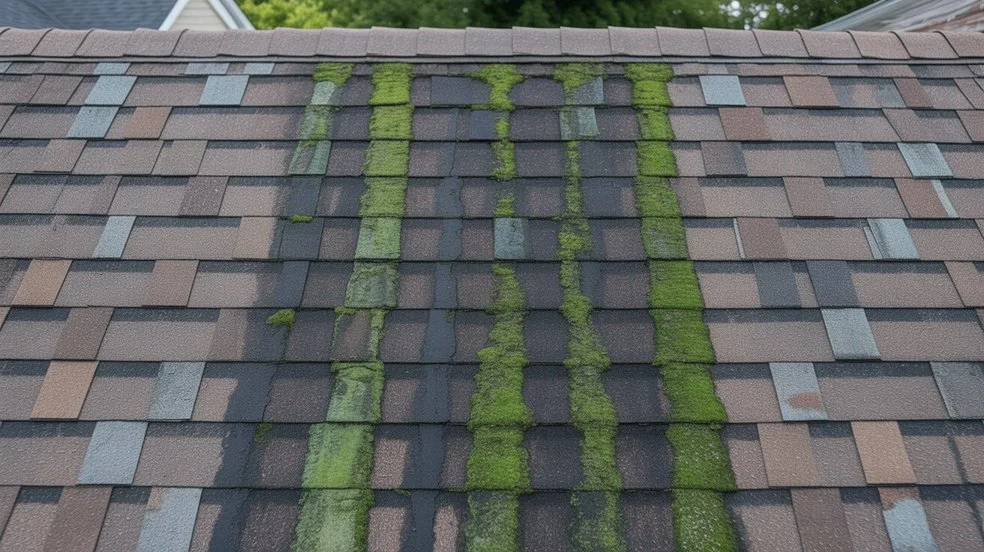 What Is the Black Stuff on My Roof with thick green moss and dark stains on brown shingles