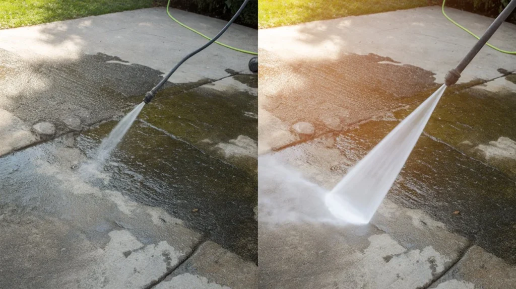 What is the difference between washing and cleaning demonstrated on a concrete patio with a garden hose and a pressure washer side by side