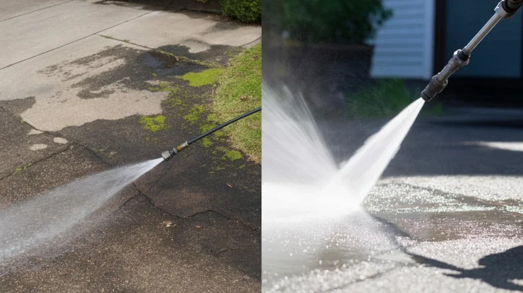 hat is the difference between washing and cleaning a driveway using a standard hose compared to a professional pressure washer