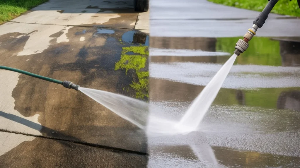 What is the difference between washing and cleaning shown by a garden hose versus a pressure washer on a stained driveway