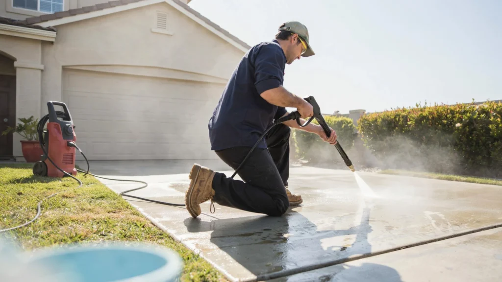Worker kneeling on a wet concrete driveway pressure washing with a red pressure washer machine in front of a house