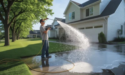 Homeowner using a pressure washer to clean the exterior siding and driveway while learning how to pressure wash a house safely.