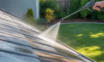 What is Soft Washing? A roof being cleaned with a low-pressure spray system to safely remove dirt and algae.